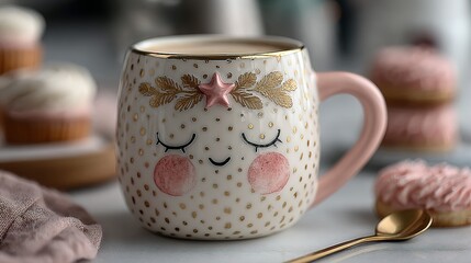 Mug with cute face design near sweets and spoon on a gray surface.