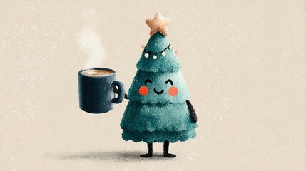 Cartoon Christmas tree character holding a steaming mug against a neutral background.