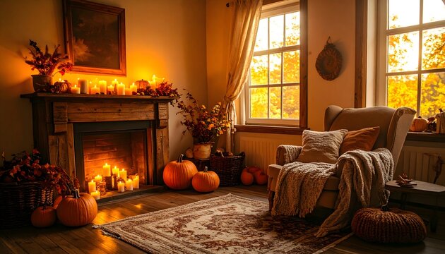 Sala de estar oto&ntilde;al con chimenea encendida y decoraci&oacute;n c&aacute;lida con calabazas y velas