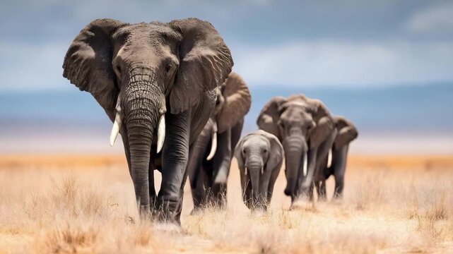 A herd of elephants walking across a dry savanna, led by a large tusked elephant at the front.