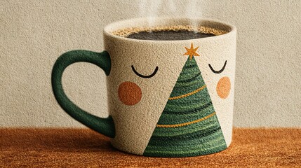 Mug with christmas tree design filled with dark liquid on wooden surface.