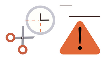 Clock with scissors cutting dashed line, orange warning triangle with exclamation mark. Ideal for time management, deadlines, urgency, multitasking, project risk, prioritization, simple flat metaphor