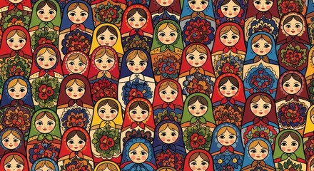 Colorful pattern of traditional russian matryoshka dolls with floral designs