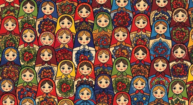 Colorful pattern of traditional russian matryoshka dolls with floral designs