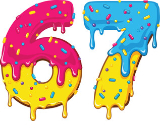 Colorful dripping number six and seven, icing style digits, multicolored sprinkles, playful typography, dessert-inspired vector, vibrant design, fun numeric illustration