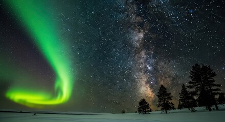Vibrant northern lights and milky way over snowy landscape at night