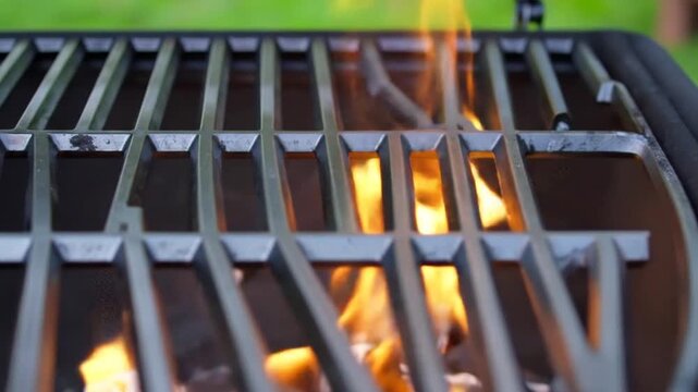 Close-up of a barbecue grill grate with flames licking through the grates against a green backdrop