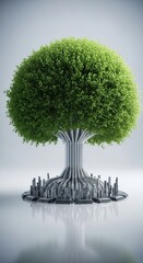 Fototapeta premium Green tree growing from metallic city landscape symbolizes harmony between nature and technology in an innovative urban setting