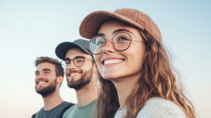 Friends enjoying a joyful moment outdoors with clear skies and smiles near sunset