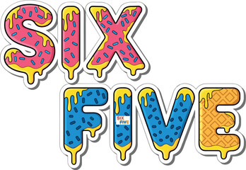Donut-themed number text vector, SIX FIVE icing letters, pink blue orange sprinkles, waffle texture, playful birthday typography, cartoon dessert design