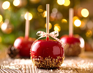 Festive candy apples decorated with ribbons and nuts, a sweet holiday treat perfect for any celebration