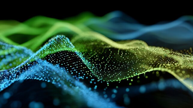 Stunning abstract data visualization with flowing green and blue light curves for technology, science, or modern art projects