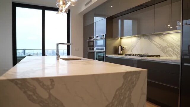 Modern kitchen with a large marble island, sleek dark cabinets, and a city view from a high-rise apartment.