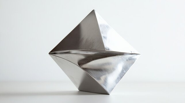 In the pure white space, two stainless steel metal quadrangular pyramid objects are stacked in the center of the picture to form a funnel shape. It is thin in the middle and thick at both ends. The me