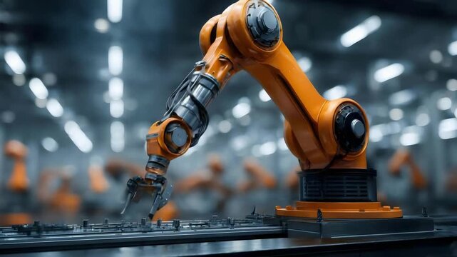 An orange industrial robot arm welding metal on a production line in a factory, sparks flying.