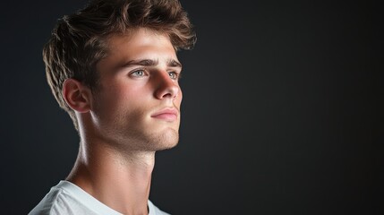 Young man poses confidently against a dark background showcasing thoughtful expression with soft lighting