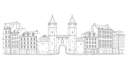 European old town architecture skyline minimal vector line art illustration.