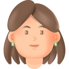 Stylized cartoon face of a young woman with brown hair and green earrings against a transparent white background evoking a cheerful and friendly demeanor