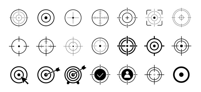 Target icon set. Goal, destination symbol collection. Focus, crosshairs and bullseye logotypes. Vector illustration.