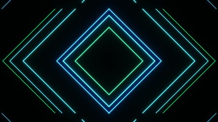 Colorful neon shapes, vivid moving neon designs featuring rotating cyan and blue forms, energetic animated geometrical shapes illuminated with pulsating colorful neon lights and shifting - Powered by Adobe