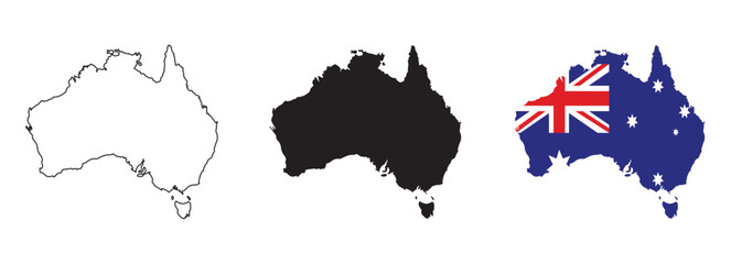 Australia map vector set with editable country outline black silhouette and national flag design featuring blue background Union Jack and white stars isolated on white for geography and education use © Hamzayounas