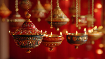 Obraz premium A close up of ornate hanging oil lamps with flames against a red background creating warm light