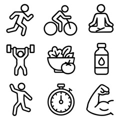 A collection of health and fitness line icons representing a balanced and active lifestyle. Includes exercise, diet, and wellness symbols