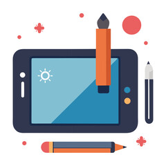 Vector illustration of a digital drawing tablet and drawing tools