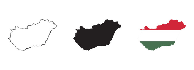 Hungary map vector set with editable country outline black silhouette and national flag design featuring red white and green horizontal stripes on white background for geography and education use