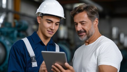 Training session between mentor and apprentice in industrial setting engaging learning environment