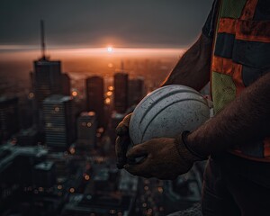 Construction Worker Holding Safety Helmet At Sunset City View