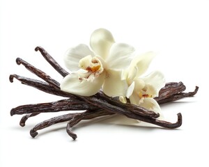 Vanilla Beans And Orchid Flowers On White Background