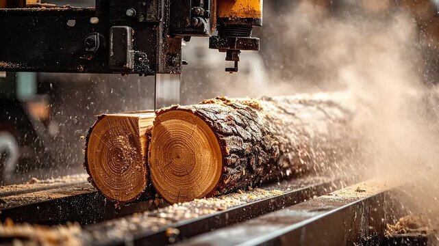 Industrial band saw blade slicing through a large wooden log at a lumber mill, with fine sawdust particles suspended in the air during the cutting process