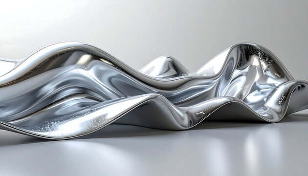 Shiny, flowing metallic liquid sculpture against a neutral background, highlighting its form and reflective surface