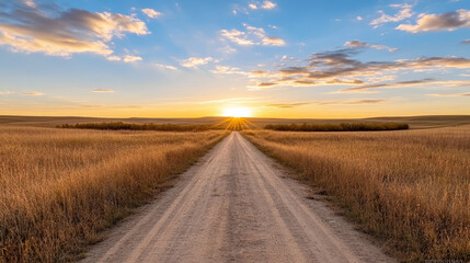 Fototapeta premium Serene dirt road stretches toward glowing horizon, surrounded by golden fields under vibrant sky