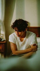 Thoughtful Young Man Sitting In Bedroom