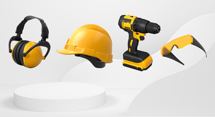 Protective gear featuring helmet, earmuffs, and goggles on podium with monochrome background., concept of safety