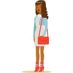Full Body Pixel Art of a Professional Woman Standing With a Red Handbag and Blue Jacket Over a White Dress and Red Boots on a Transparent Background