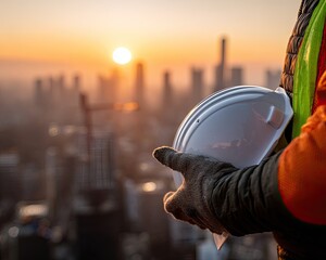 Construction Worker With Safety Helmet At Sunrise City View