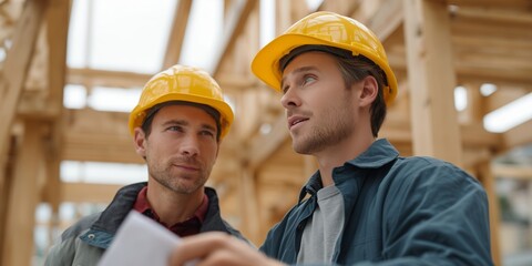 Construction meeting between two engineers at a building site under development