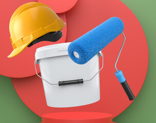 Hard hat, paint bucket and roller brush floating in air over podium on abstract background, renovation and construction tools
