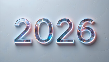 2026 metallic numbers with iridescent glow on textured background year chrome