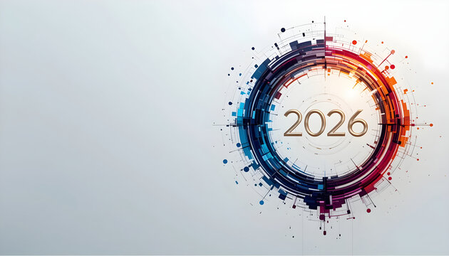2026 golden numbers in abstract circular technology design year metallic