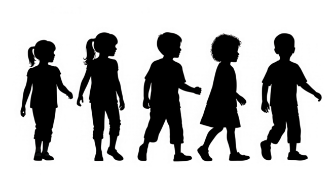 Silhouettes of five children walking in a line, isolated on transparent background