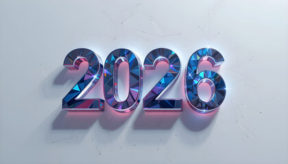 2026 numbers with faceted geometric crystal texture and pink blue glow year typography