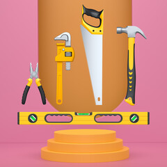 Construction tools and safety equipment floating over podium on abstract background, industrial work and protection concept