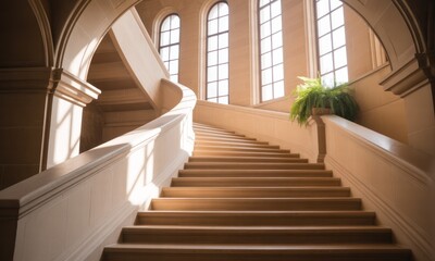 Elegant, upward spiraling staircase with arched windows, bathed in warm sunlight