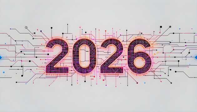 2026 numbers with digital circuit board pattern and glowing neon lights year - Powered by Adobe