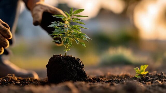 A person wearing gloves plants a small sapling into the soil.