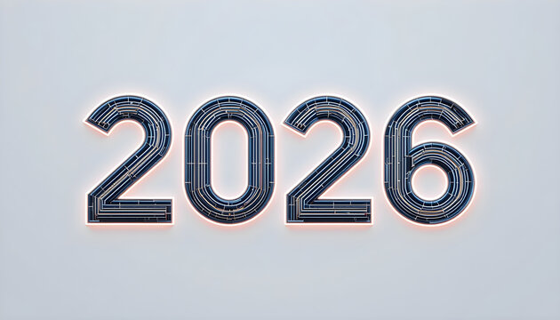 2026 numbers with futuristic metallic texture and orange glow year future - Powered by Adobe